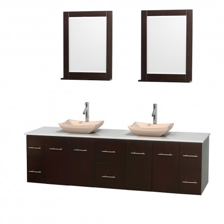 80 inch Double Bathroom Vanity in Espresso, White Man-Made Stone Countertop, Avalon Ivory Marble Sinks, and 24 inch Mirrors