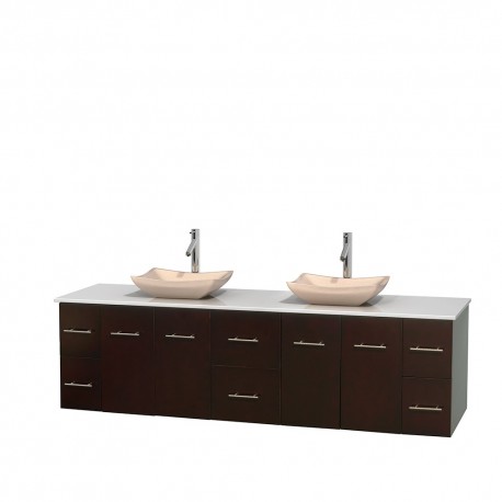 80 inch Double Bathroom Vanity in Espresso, White Man-Made Stone Countertop, Avalon Ivory Marble Sinks, and No Mirror