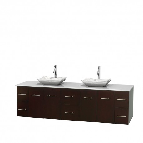 80 inch Double Bathroom Vanity in Espresso, White Man-Made Stone Countertop, Avalon White Carrera Marble Sinks, and No Mirror