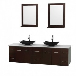80 inch Double Bathroom Vanity in Espresso, White Man-Made Stone Countertop, Arista Black Granite Sinks, and 24 inch Mirrors