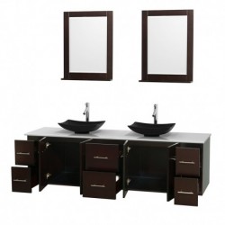 80 inch Double Bathroom Vanity in Espresso, White Man-Made Stone Countertop, Arista Black Granite Sinks, and 24 inch Mirrors