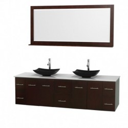 80 inch Double Bathroom Vanity in Espresso, White Man-Made Stone Countertop, Arista Black Granite Sinks, and 70 inch Mirror