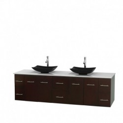 80 inch Double Bathroom Vanity in Espresso, White Man-Made Stone Countertop, Arista Black Granite Sinks, and No Mirror