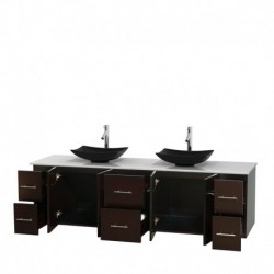 80 inch Double Bathroom Vanity in Espresso, White Man-Made Stone Countertop, Arista Black Granite Sinks, and No Mirror