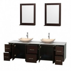 80 inch Double Bathroom Vanity in Espresso, White Man-Made Stone Countertop, Arista Ivory Marble Sinks, and 24 inch Mirrors