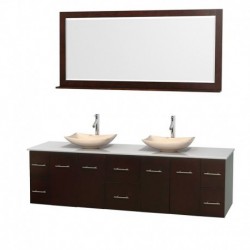 80 inch Double Bathroom Vanity in Espresso, White Man-Made Stone Countertop, Arista Ivory Marble Sinks, and 70 inch Mirror