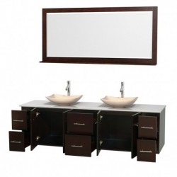 80 inch Double Bathroom Vanity in Espresso, White Man-Made Stone Countertop, Arista Ivory Marble Sinks, and 70 inch Mirror