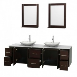 80 inch Double Bathroom Vanity in Espresso, White Man-Made Stone Countertop, Arista White Carrera Marble Sinks, and 24 inch Mir