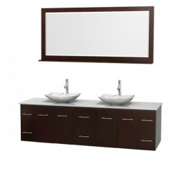 80 inch Double Bathroom Vanity in Espresso, White Man-Made Stone Countertop, Arista White Carrera Marble Sinks, and 70 inch Mir