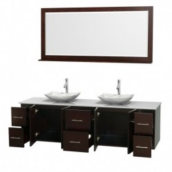 80 inch Double Bathroom Vanity in Espresso, White Man-Made Stone Countertop, Arista White Carrera Marble Sinks, and 70 inch Mir