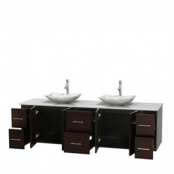 80 inch Double Bathroom Vanity in Espresso, White Man-Made Stone Countertop, Arista White Carrera Marble Sinks, and No Mirror
