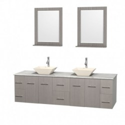 80 inch Double Bathroom Vanity in Gray Oak, White Carrera Marble Countertop, Pyra Bone Porcelain Sinks, and 24 inch Mirrors