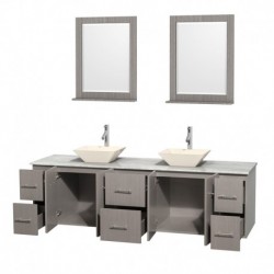 80 inch Double Bathroom Vanity in Gray Oak, White Carrera Marble Countertop, Pyra Bone Porcelain Sinks, and 24 inch Mirrors