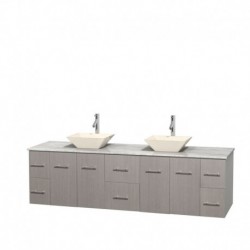 80 inch Double Bathroom Vanity in Gray Oak, White Carrera Marble Countertop, Pyra Bone Porcelain Sinks, and No Mirror