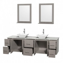 80 inch Double Bathroom Vanity in Gray Oak, White Carrera Marble Countertop, Pyra White Porcelain Sinks, and 24 inch Mirrors