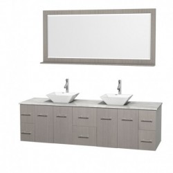 80 inch Double Bathroom Vanity in Gray Oak, White Carrera Marble Countertop, Pyra White Porcelain Sinks, and 70 inch Mirror