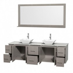 80 inch Double Bathroom Vanity in Gray Oak, White Carrera Marble Countertop, Pyra White Porcelain Sinks, and 70 inch Mirror