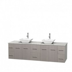 80 inch Double Bathroom Vanity in Gray Oak, White Carrera Marble Countertop, Pyra White Porcelain Sinks, and No Mirror