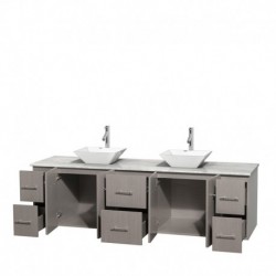 80 inch Double Bathroom Vanity in Gray Oak, White Carrera Marble Countertop, Pyra White Porcelain Sinks, and No Mirror