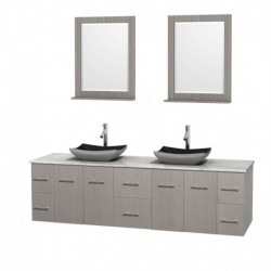 80 inch Double Bathroom Vanity in Gray Oak, White Carrera Marble Countertop, Altair Black Granite Sinks, and 24 inch Mirrors