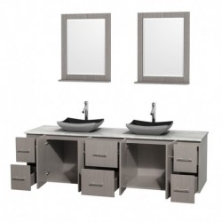 80 inch Double Bathroom Vanity in Gray Oak, White Carrera Marble Countertop, Altair Black Granite Sinks, and 24 inch Mirrors