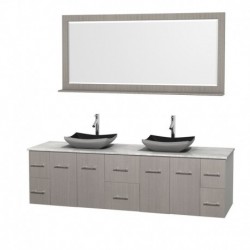 80 inch Double Bathroom Vanity in Gray Oak, White Carrera Marble Countertop, Altair Black Granite Sinks, and 70 inch Mirror