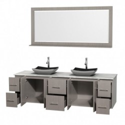 80 inch Double Bathroom Vanity in Gray Oak, White Carrera Marble Countertop, Altair Black Granite Sinks, and 70 inch Mirror