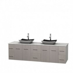 80 inch Double Bathroom Vanity in Gray Oak, White Carrera Marble Countertop, Altair Black Granite Sinks, and No Mirror