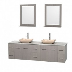 80 inch Double Bathroom Vanity in Gray Oak, White Carrera Marble Countertop, Avalon Ivory Marble Sinks, and 24 inch Mirrors