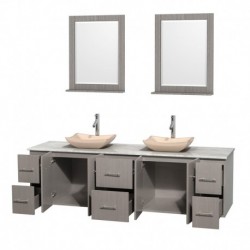 80 inch Double Bathroom Vanity in Gray Oak, White Carrera Marble Countertop, Avalon Ivory Marble Sinks, and 24 inch Mirrors
