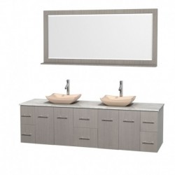 80 inch Double Bathroom Vanity in Gray Oak, White Carrera Marble Countertop, Avalon Ivory Marble Sinks, and 70 inch Mirror