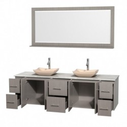 80 inch Double Bathroom Vanity in Gray Oak, White Carrera Marble Countertop, Avalon Ivory Marble Sinks, and 70 inch Mirror