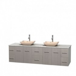 80 inch Double Bathroom Vanity in Gray Oak, White Carrera Marble Countertop, Avalon Ivory Marble Sinks, and No Mirror