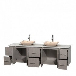80 inch Double Bathroom Vanity in Gray Oak, White Carrera Marble Countertop, Avalon Ivory Marble Sinks, and No Mirror