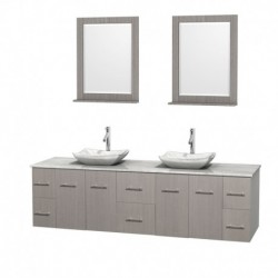 80 inch Double Bathroom Vanity in Gray Oak, White Carrera Marble Countertop, Avalon White Carrera Marble Sinks, and 24 inch Mir