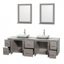 80 inch Double Bathroom Vanity in Gray Oak, White Carrera Marble Countertop, Avalon White Carrera Marble Sinks, and 24 inch Mir