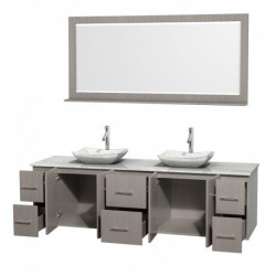 80 inch Double Bathroom Vanity in Gray Oak, White Carrera Marble Countertop, Avalon White Carrera Marble Sinks, and 70 inch Mir