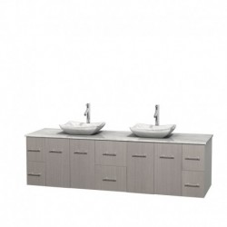80 inch Double Bathroom Vanity in Gray Oak, White Carrera Marble Countertop, Avalon White Carrera Marble Sinks, and No Mirror