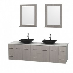80 inch Double Bathroom Vanity in Gray Oak, White Carrera Marble Countertop, Arista Black Granite Sinks, and 24 inch Mirrors