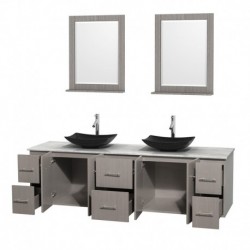 80 inch Double Bathroom Vanity in Gray Oak, White Carrera Marble Countertop, Arista Black Granite Sinks, and 24 inch Mirrors