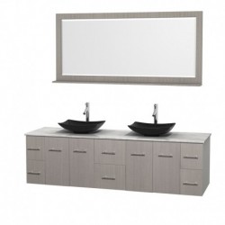 80 inch Double Bathroom Vanity in Gray Oak, White Carrera Marble Countertop, Arista Black Granite Sinks, and 70 inch Mirror