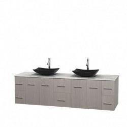 80 inch Double Bathroom Vanity in Gray Oak, White Carrera Marble Countertop, Arista Black Granite Sinks, and No Mirror