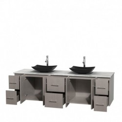 80 inch Double Bathroom Vanity in Gray Oak, White Carrera Marble Countertop, Arista Black Granite Sinks, and No Mirror