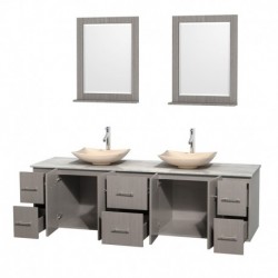 80 inch Double Bathroom Vanity in Gray Oak, White Carrera Marble Countertop, Arista Ivory Marble Sinks, and 24 inch Mirrors