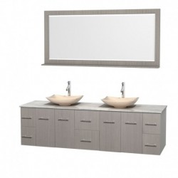 80 inch Double Bathroom Vanity in Gray Oak, White Carrera Marble Countertop, Arista Ivory Marble Sinks, and 70 inch Mirror