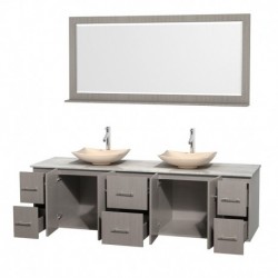 80 inch Double Bathroom Vanity in Gray Oak, White Carrera Marble Countertop, Arista Ivory Marble Sinks, and 70 inch Mirror