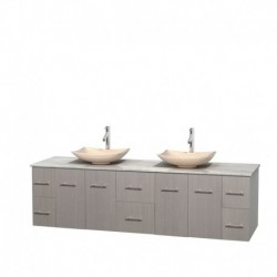 80 inch Double Bathroom Vanity in Gray Oak, White Carrera Marble Countertop, Arista Ivory Marble Sinks, and No Mirror