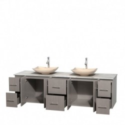 80 inch Double Bathroom Vanity in Gray Oak, White Carrera Marble Countertop, Arista Ivory Marble Sinks, and No Mirror