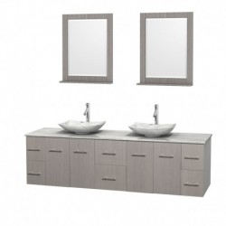 80 inch Double Bathroom Vanity in Gray Oak, White Carrera Marble Countertop, Arista White Carrera Marble Sinks, and 24 inch Mir