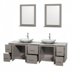 80 inch Double Bathroom Vanity in Gray Oak, White Carrera Marble Countertop, Arista White Carrera Marble Sinks, and 24 inch Mir